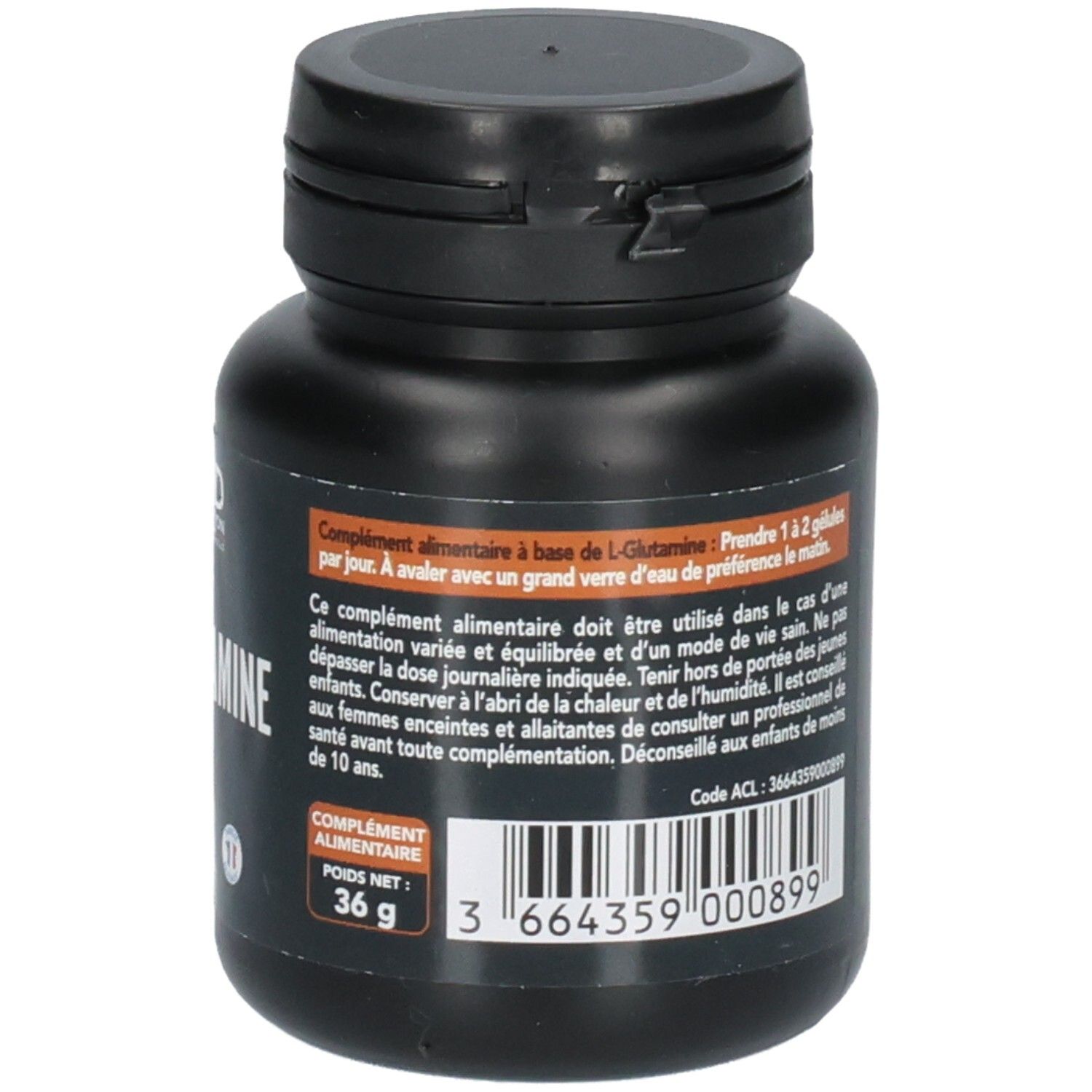 Vue latérale d'un flacon de L-Glutamine avec code-barres et poids net.