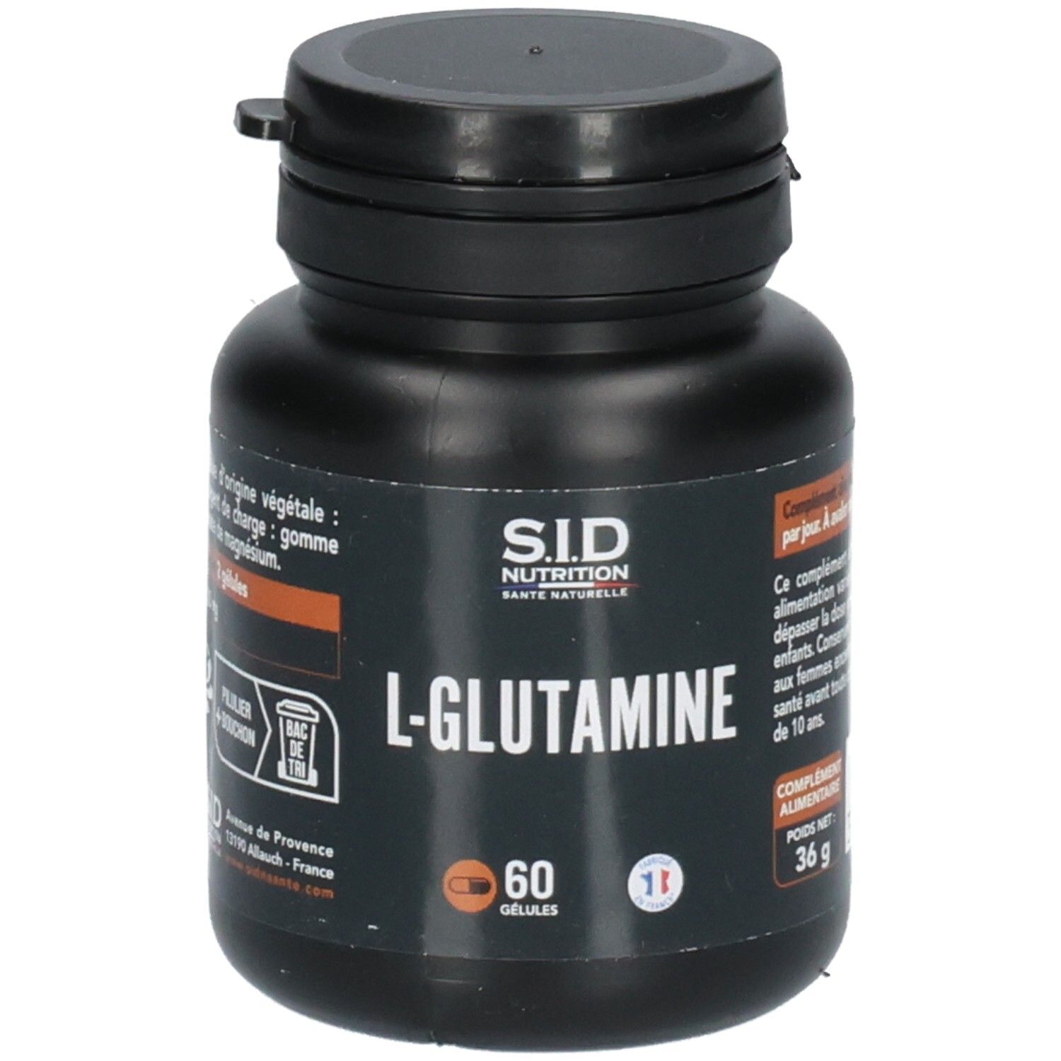 Vue avant d'un flacon de L-Glutamine, 60 gélules et logo SID NUTRITION.