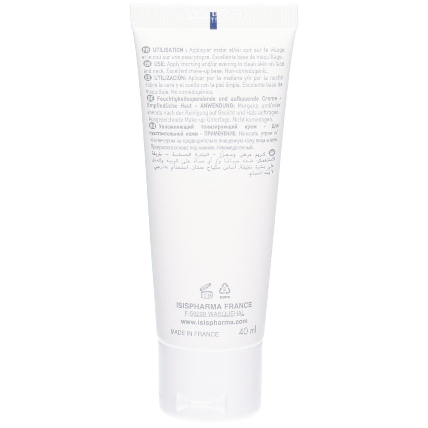 Arrière du tube de crème SENSYLIA 24H ISISPHARMA avec instructions et ingrédients.