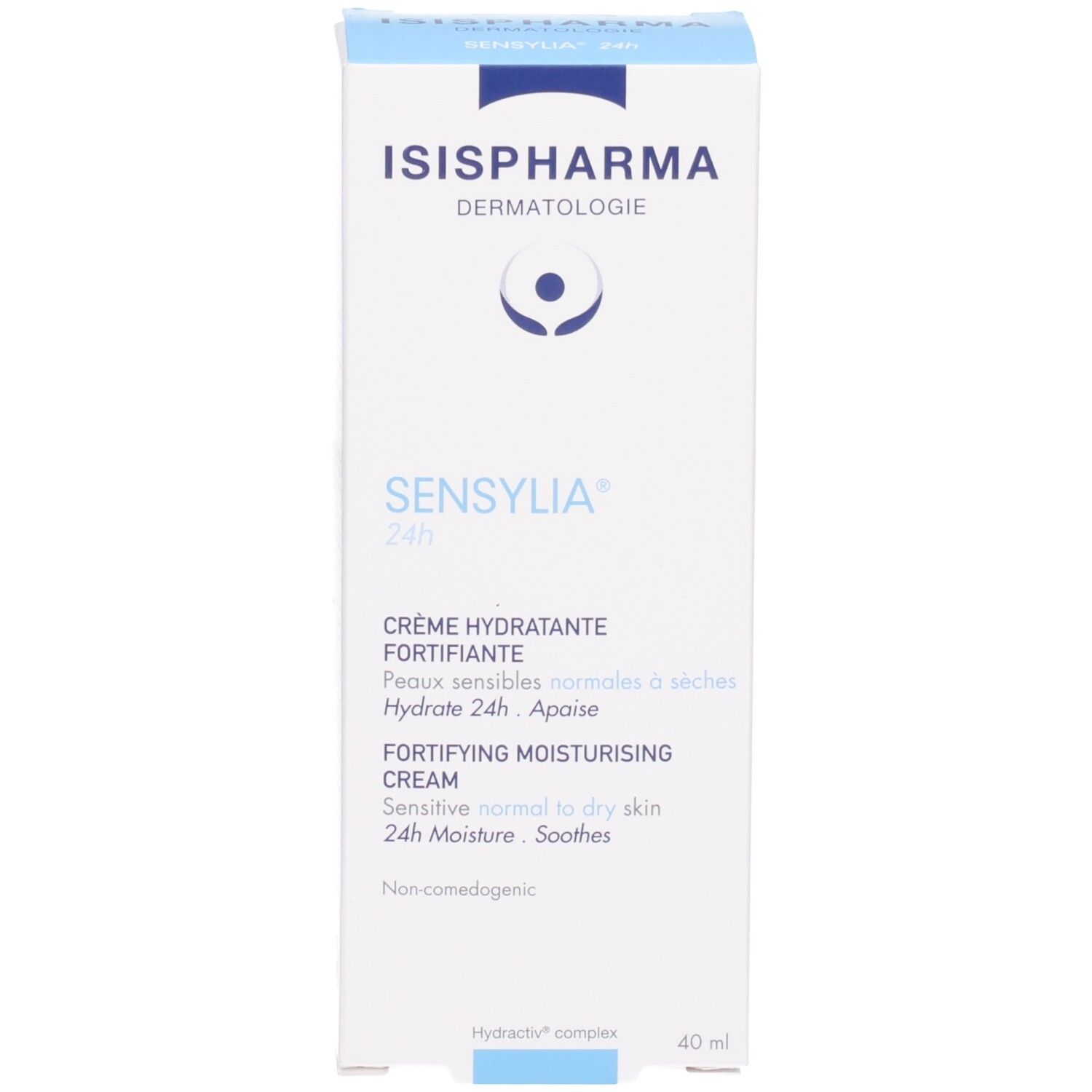Tube de crème SENSYLIA 24H ISISPHARMA et sa boîte, vue de face.