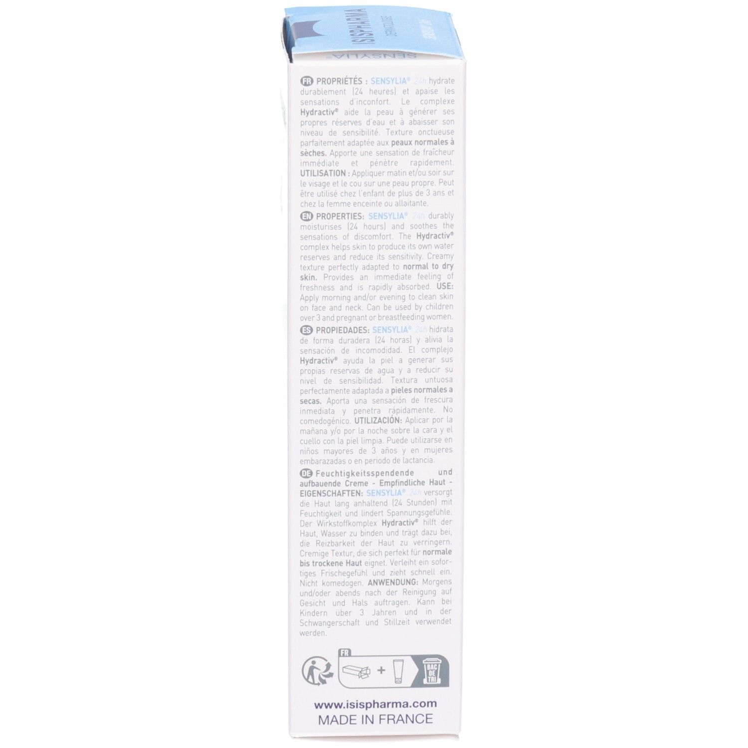 Côté de la boîte avec informations produit et pays de fabrication.