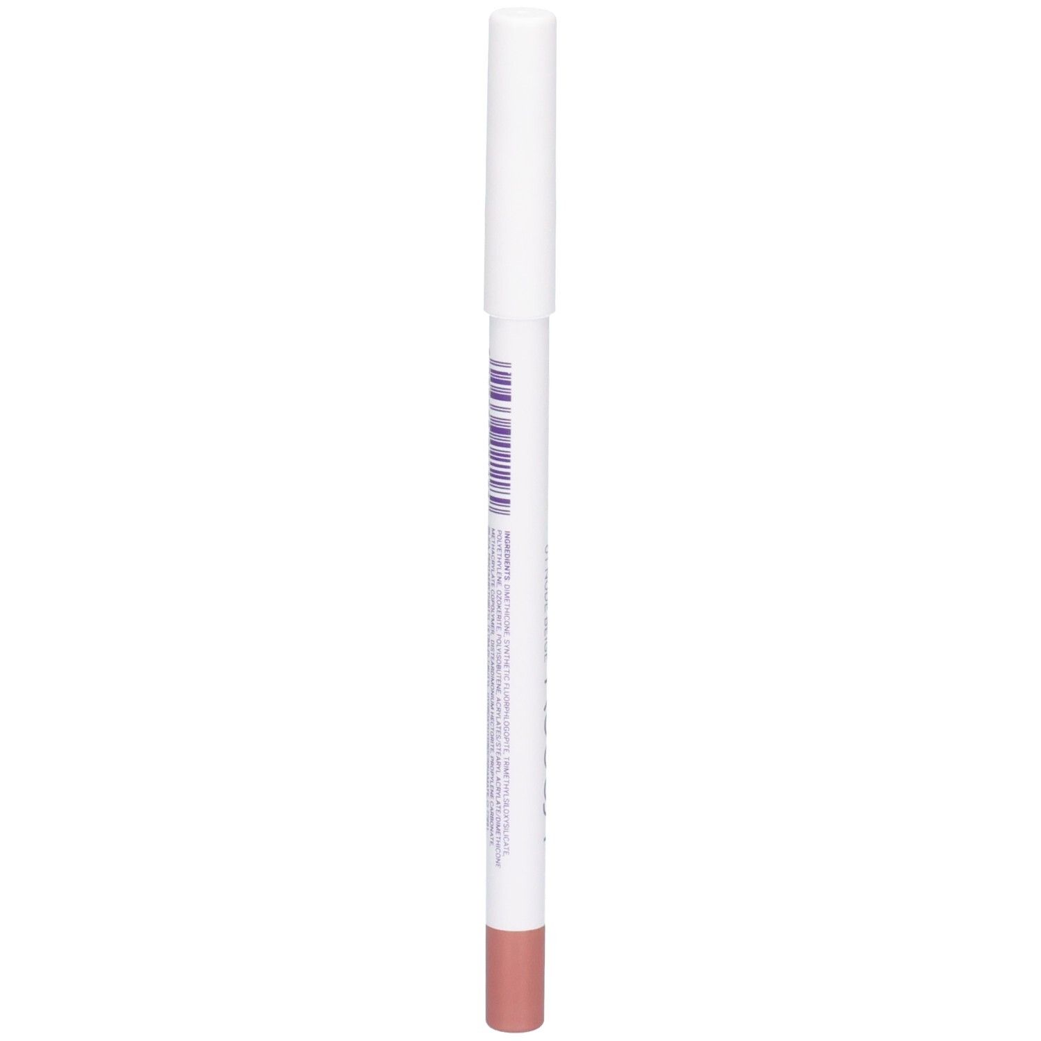 Crayon à lèvres ROUGJ+ waterproof, teinte 01 Beige Nude. Arrière du crayon blanc avec texte.