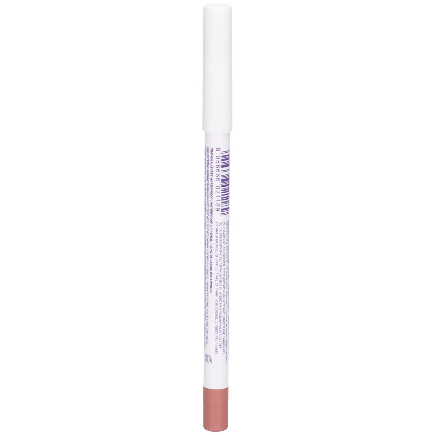 Crayon à lèvres ROUGJ+ waterproof, teinte 01 Beige Nude. Vue latérale du crayon blanc.