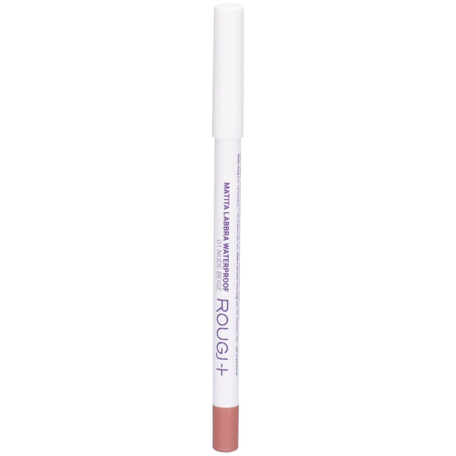 Crayon à lèvres ROUGJ+ waterproof, teinte 01 Beige Nude. Crayon blanc avec mine nude.