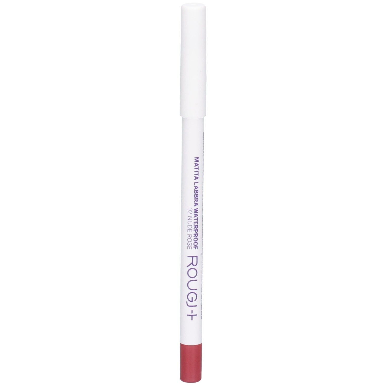 Crayon à lèvres waterproof ROUGJ+ 02 Nude Rose, crayon blanc avec mine rouge.