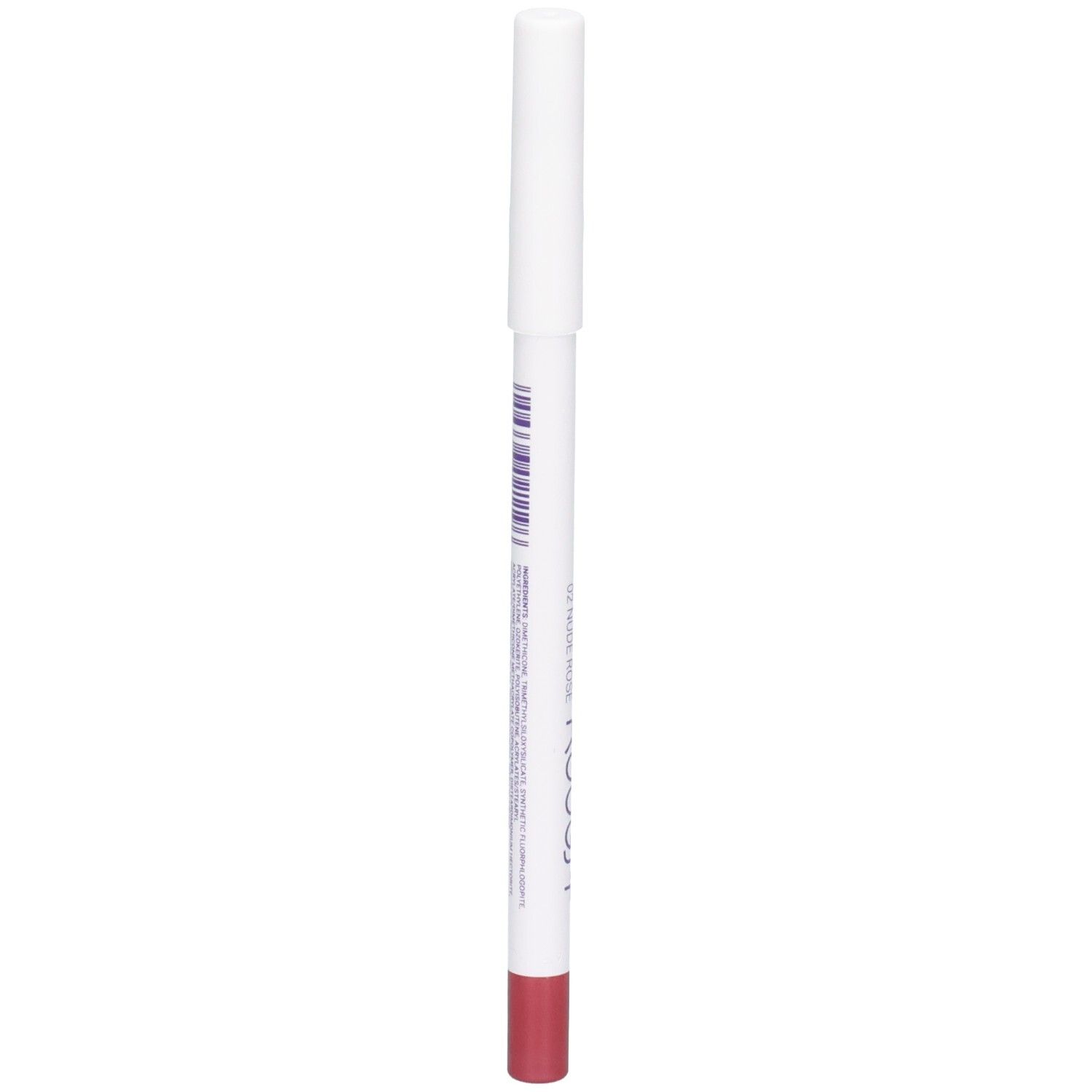 Crayon à lèvres waterproof ROUGJ+ 02 Nude Rose, côté blanc du crayon avec informations produit.