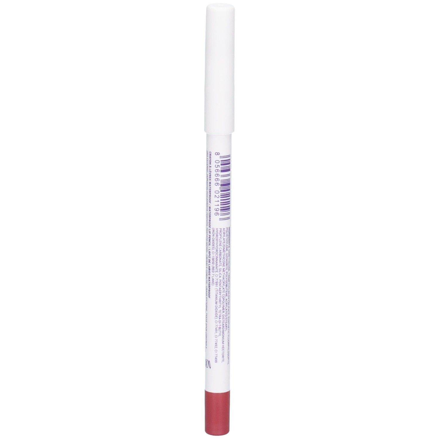 Crayon à lèvres waterproof ROUGJ+ 02 Nude Rose, côté blanc du crayon avec code-barres et détails.