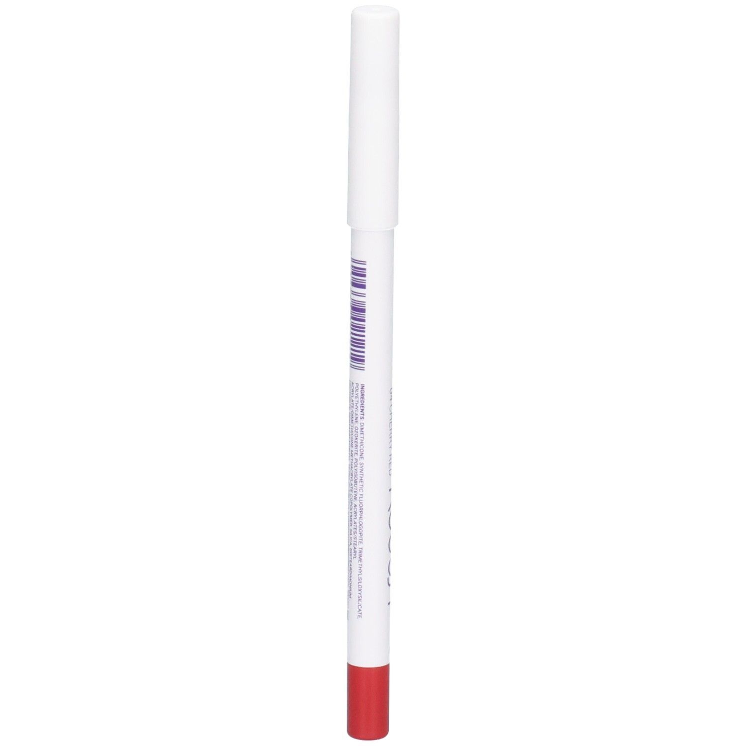 Crayon à lèvres ROUGJ+, waterproof, mat, couleur 04 Rouge Cerise. Dos avec texte.
