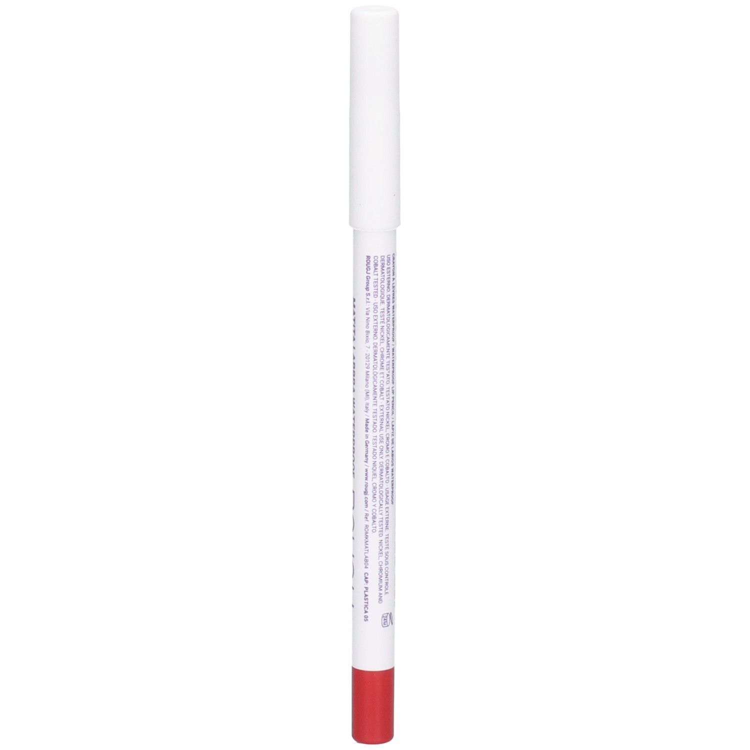 Crayon à lèvres ROUGJ+, waterproof, mat, couleur 04 Rouge Cerise. Dos avec texte.