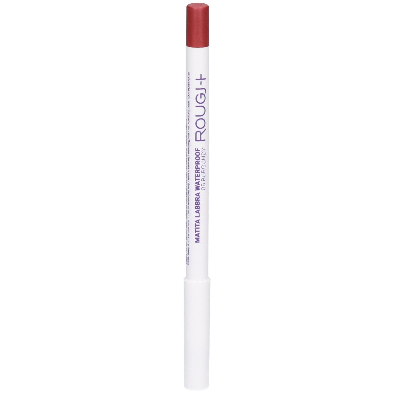 Crayon à lèvres ROUGJ+ waterproof, teinte 05 Bourgogne. Crayon blanc avec une pointe rouge.