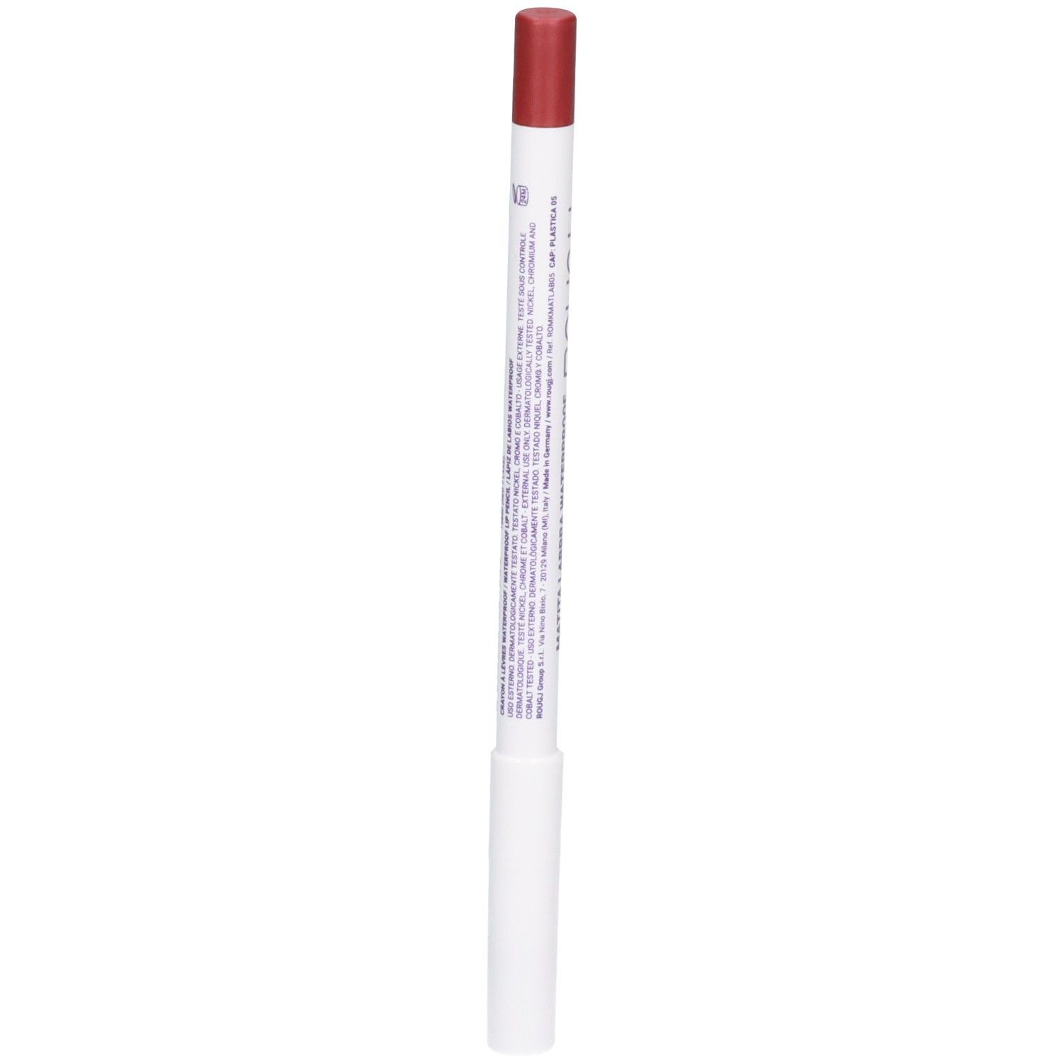 Crayon à lèvres ROUGJ+ waterproof, teinte 05 Bourgogne. Dos avec informations produit.