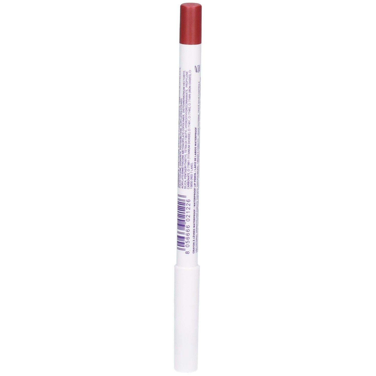 Crayon à lèvres ROUGJ+ waterproof, teinte 05 Bourgogne. Dos avec code-barres et informations.