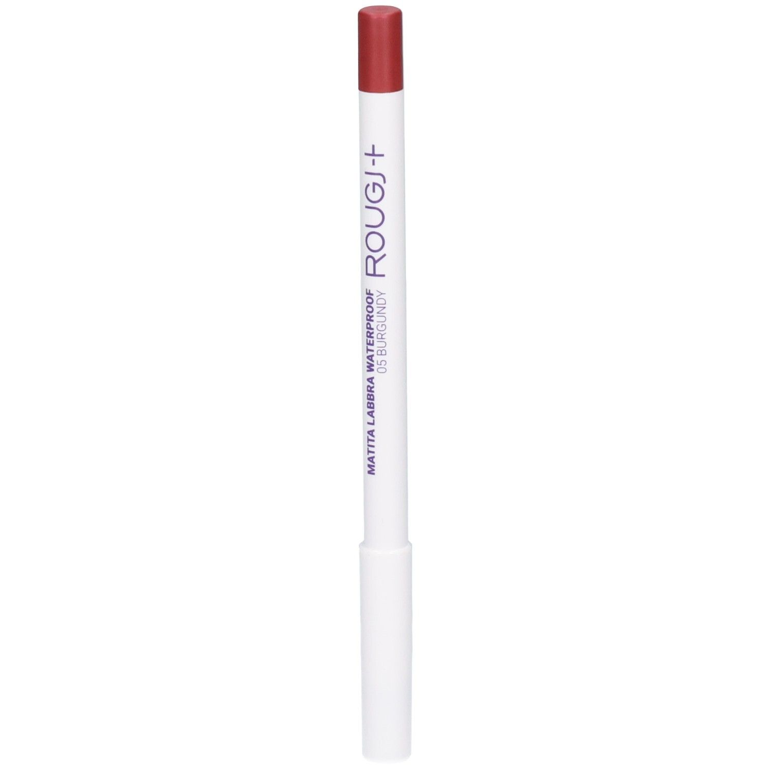 Crayon à lèvres ROUGJ+ waterproof, teinte 05 Bourgogne. Crayon blanc avec pointe rouge et texte.
