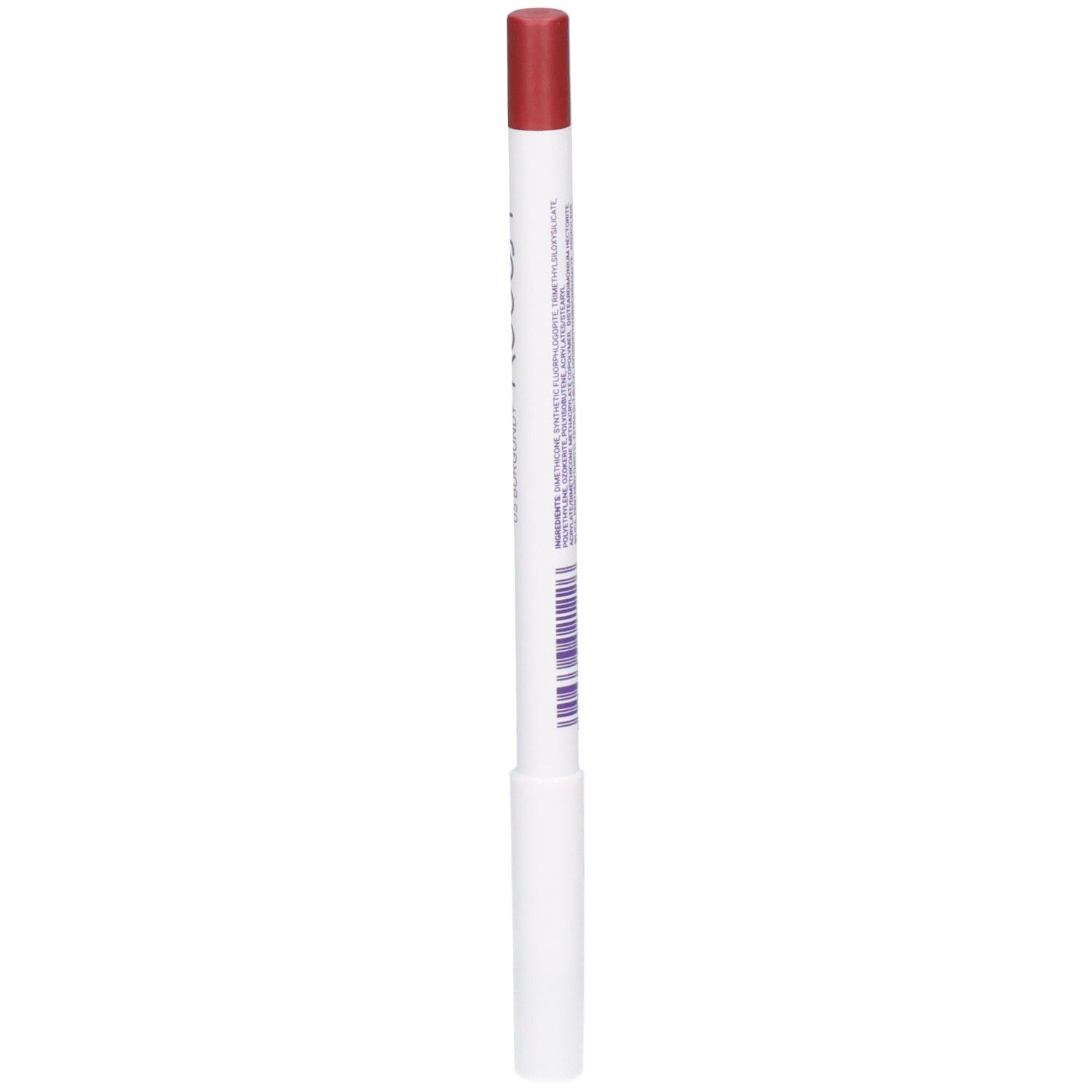 Crayon à lèvres ROUGJ+ waterproof, teinte 05 Bourgogne. Vue latérale avec informations produit.
