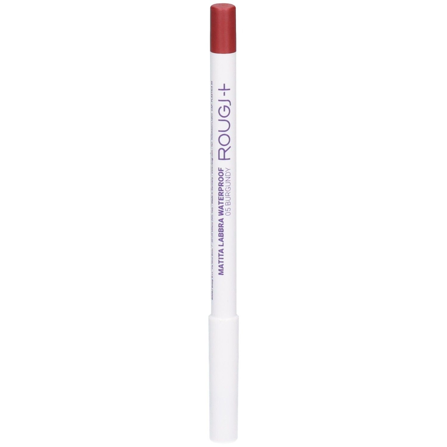 Crayon à lèvres ROUGJ+ waterproof, teinte 05 Bourgogne. Crayon blanc avec pointe rouge et inscription.
