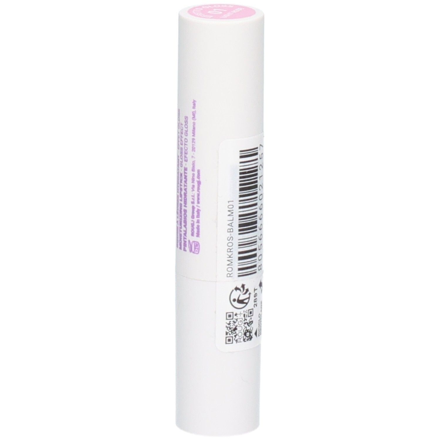 ROUGJ+ Rouge à lèvres hydratant effet gloss, Rose clair. Code produit et symbole de recyclage visibles.