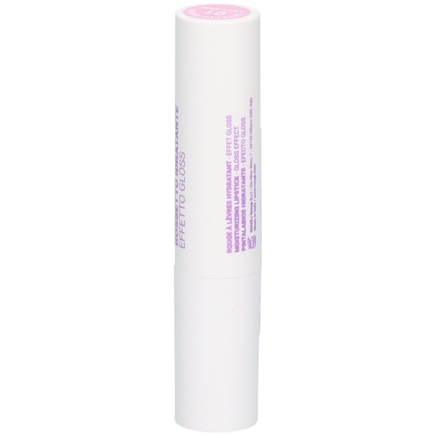 ROUGJ+ Rouge à lèvres hydratant effet gloss, Rose clair. Informations produit multilingues visibles.