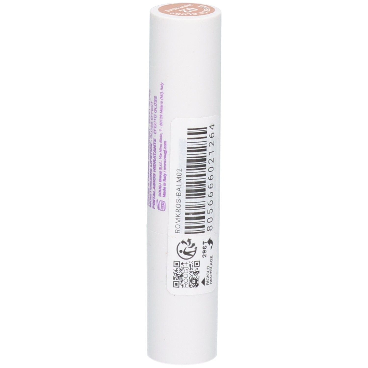Rouge à lèvres ROUGJ+, Nude Beige, avec code-barres, QR code et symboles de recyclage.