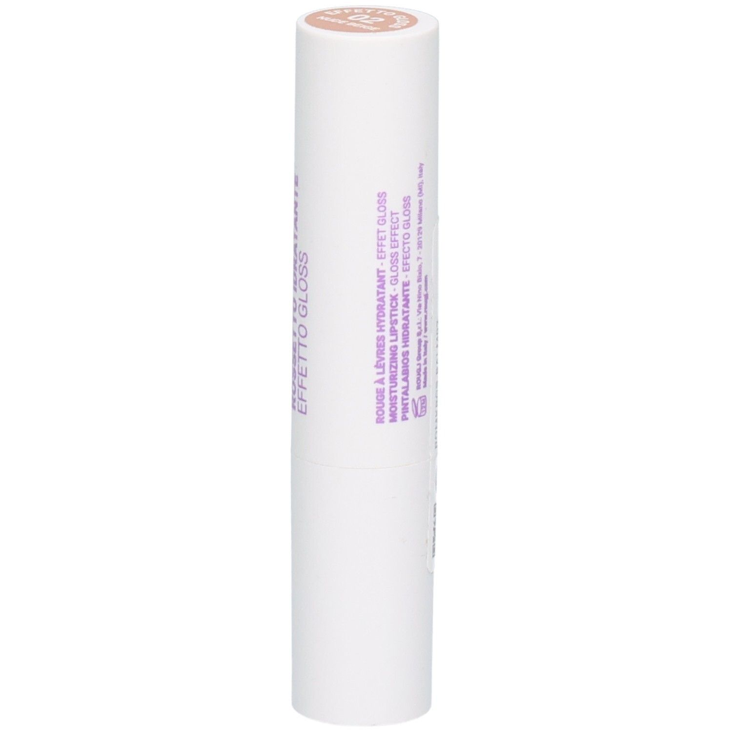 Rouge à lèvres ROUGJ+, Nude Beige, avec informations produit multilingues.