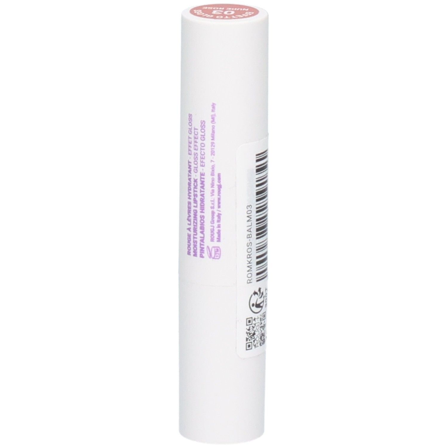 Rouge à lèvres ROUGJ+, couleur 03 Nude Rose, hydratant, effet gloss, Fabriqué en Italie.