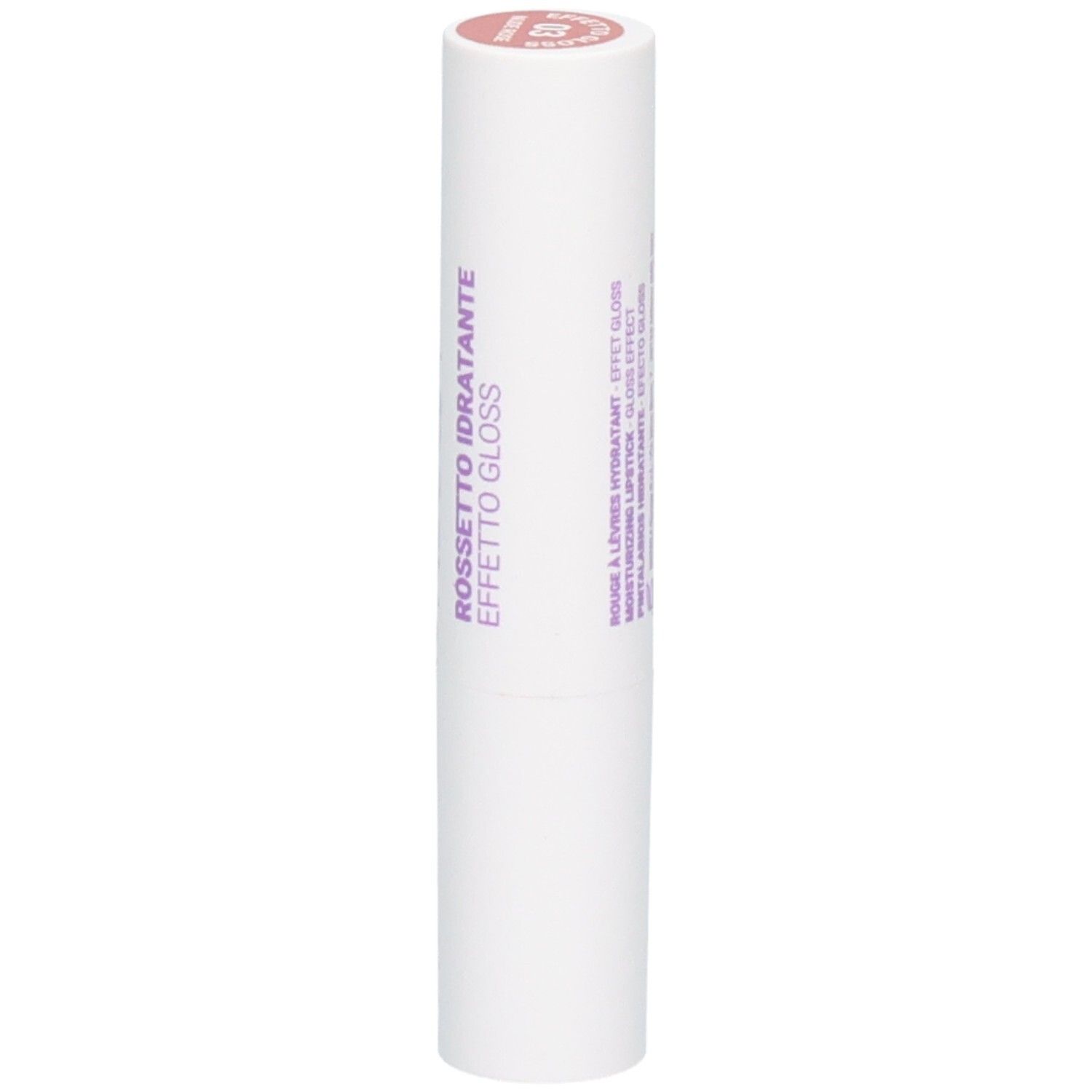 Rouge à lèvres ROUGJ+, couleur 03 Nude Rose, hydratant, effet gloss, description multilingue.