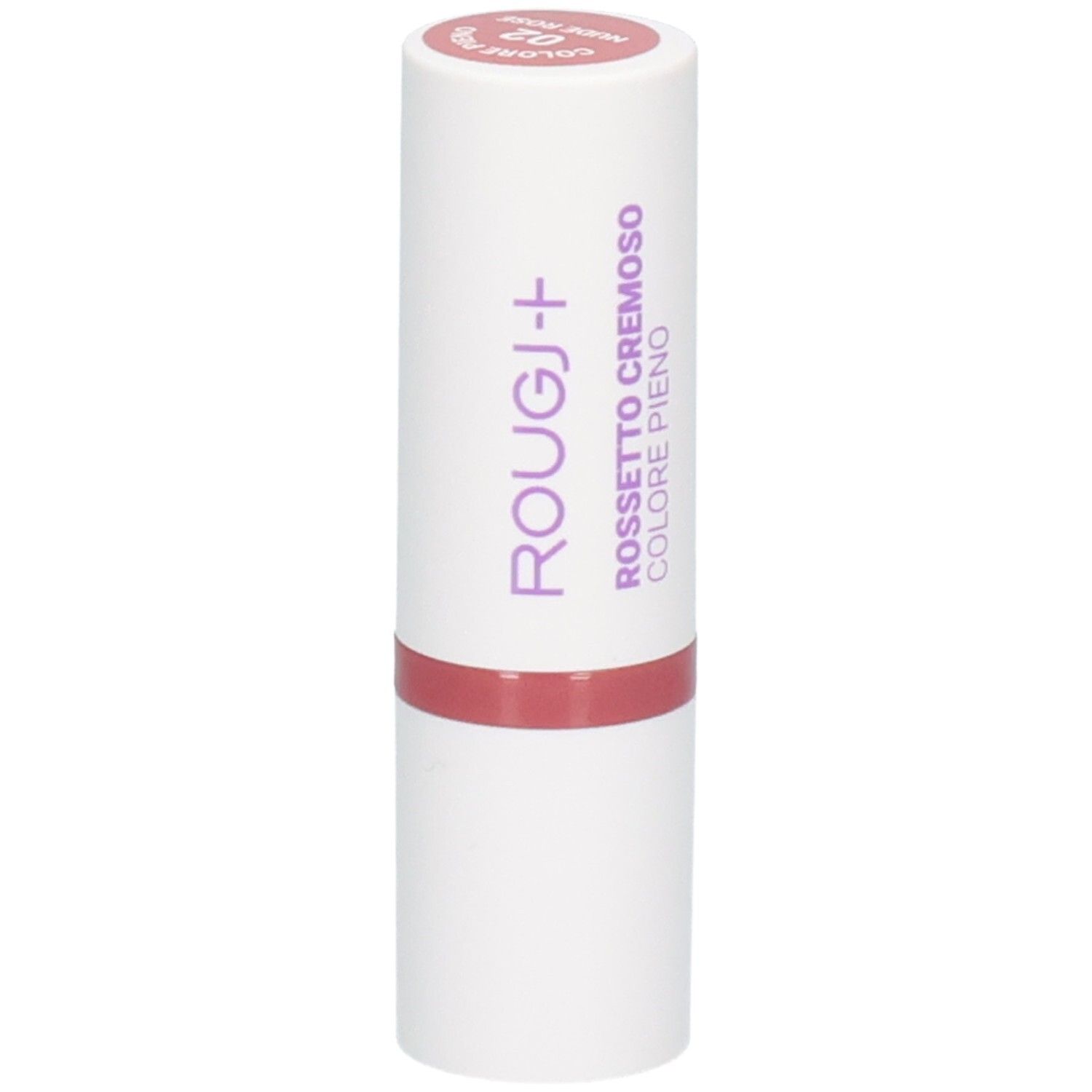 Rouge à lèvres ROUGJ+, couleur 02 Rose Nude. Tube blanc avec inscription violette.