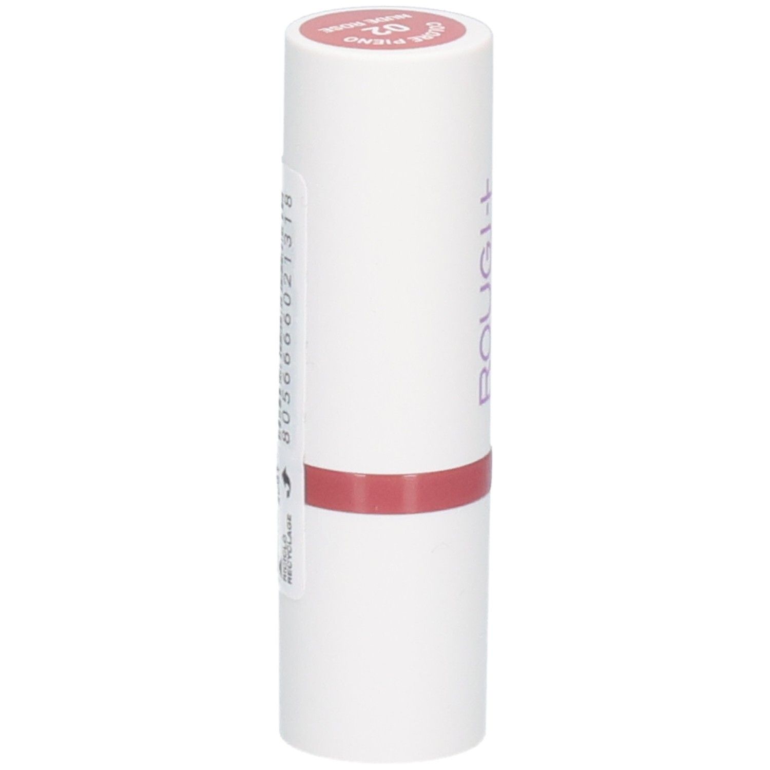 Rouge à lèvres ROUGJ+, dos avec code-barres et symboles de recyclage. Couleur 02 Rose Nude.