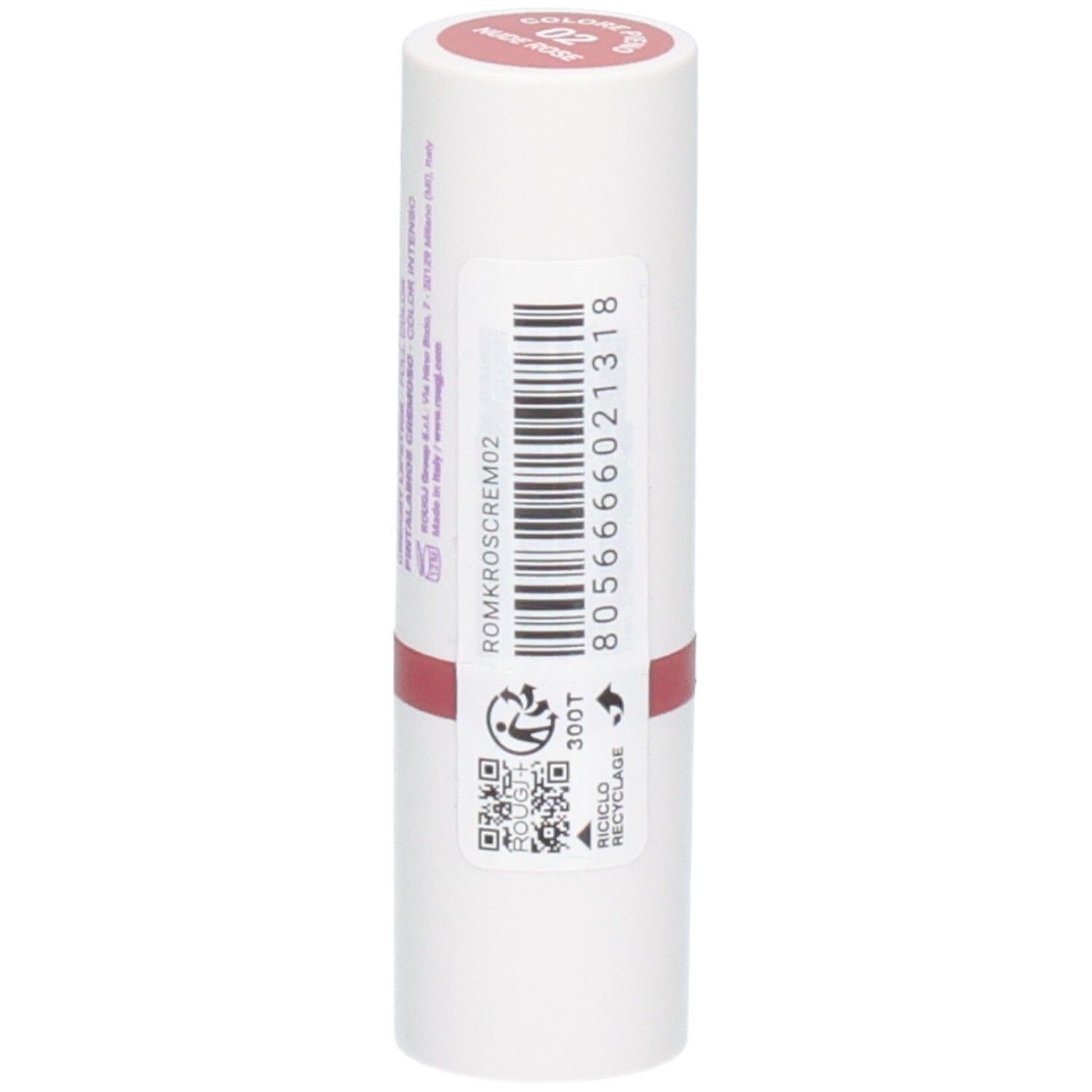 Rouge à lèvres ROUGJ+, couleur 02 Rose Nude. Tube blanc avec code-barres et QR code.