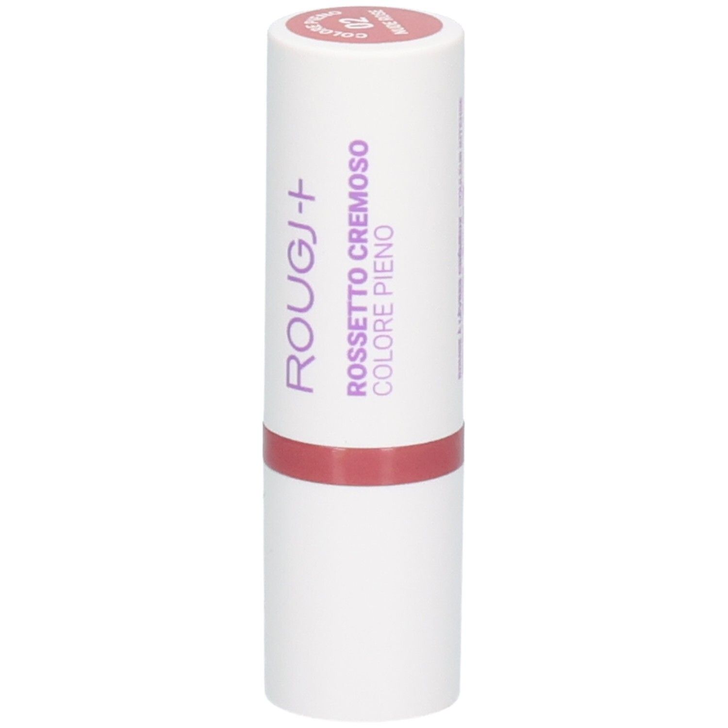 Rouge à lèvres ROUGJ+, couleur 02 Rose Nude. Tube blanc avec inscription violette.
