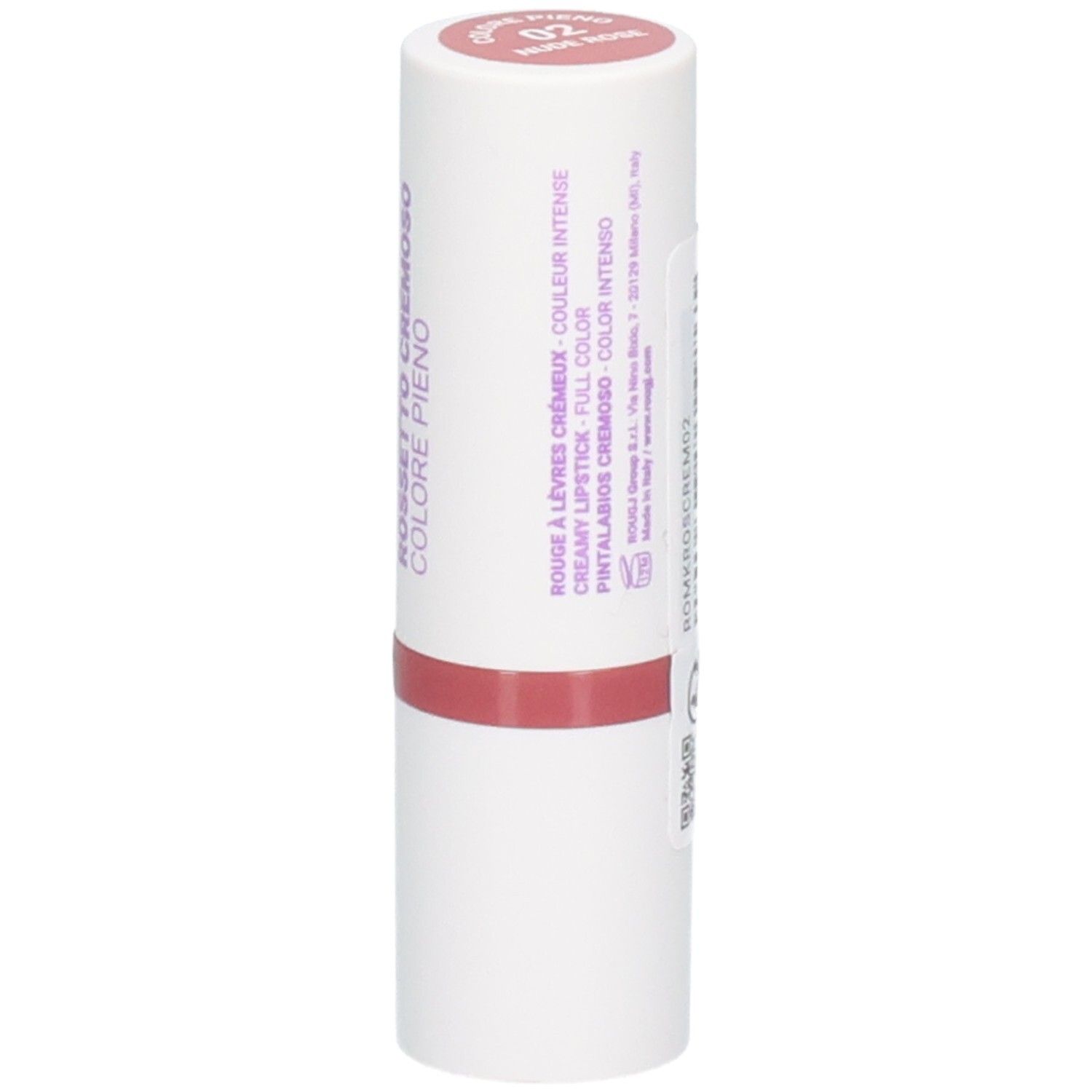 Rouge à lèvres ROUGJ+, couleur 02 Rose Nude. Texte en italien, français et anglais.