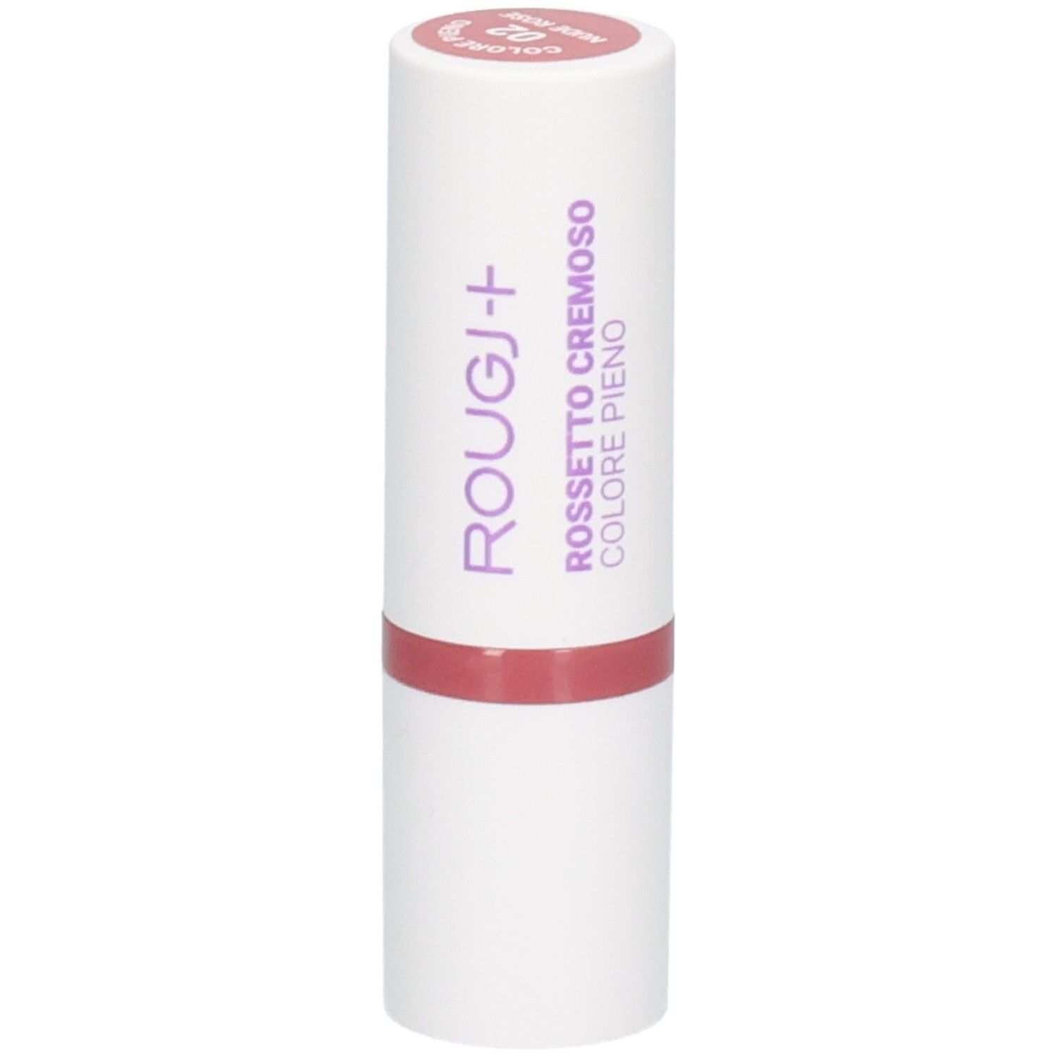 Rouge à lèvres ROUGJ+, couleur 02 Rose Nude. Tube blanc avec inscription violette.