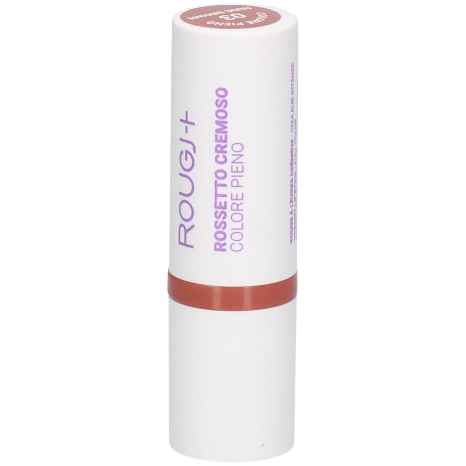 Rouge à lèvres ROUGJ+, teinte 03 Brun Nude, texture crémeuse.
