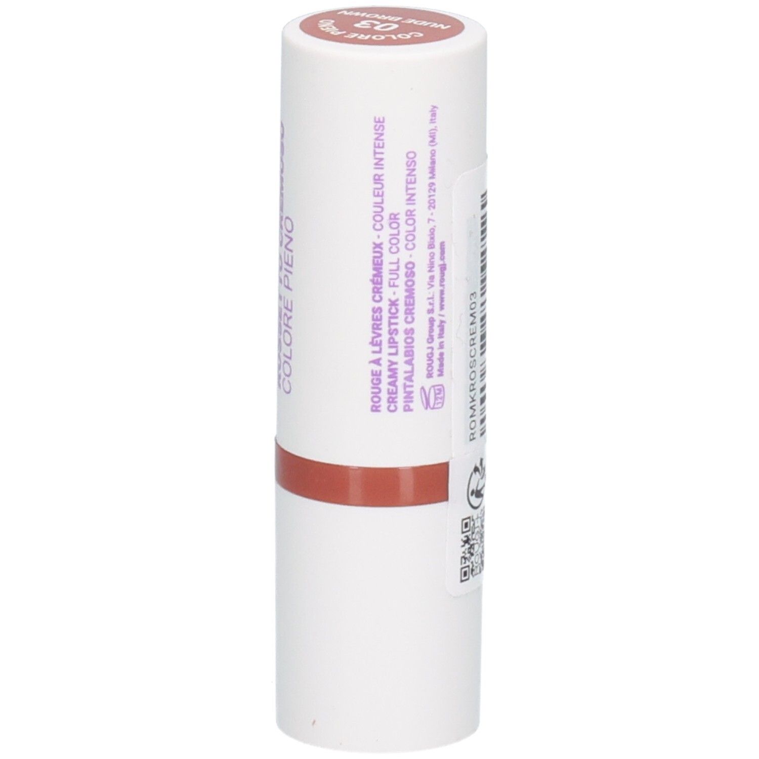 Rouge à lèvres ROUGJ+, teinte 03 Brun Nude, texture crémeuse, couleur intense.
