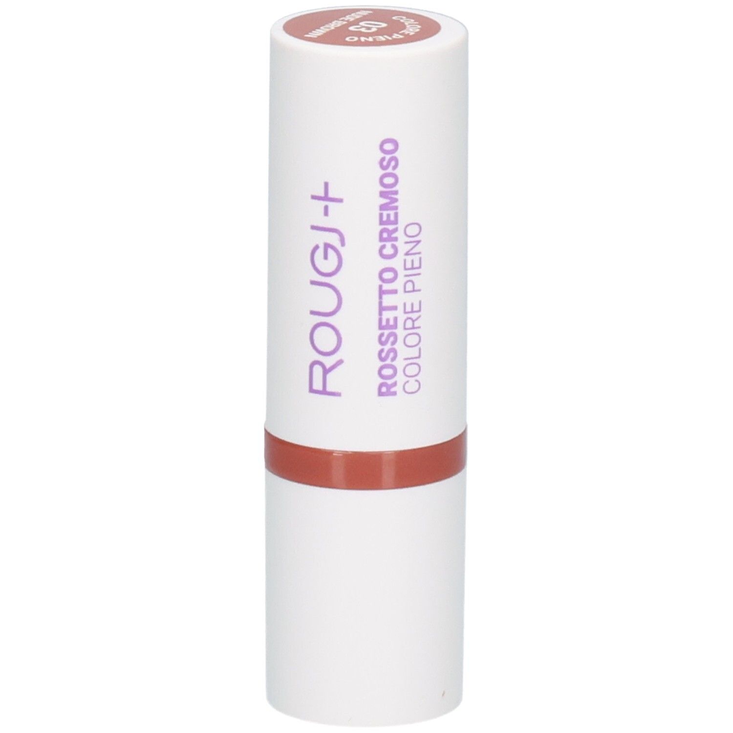 Rouge à lèvres ROUGJ+, teinte 03 Brun Nude, texture crémeuse, couleur intense.