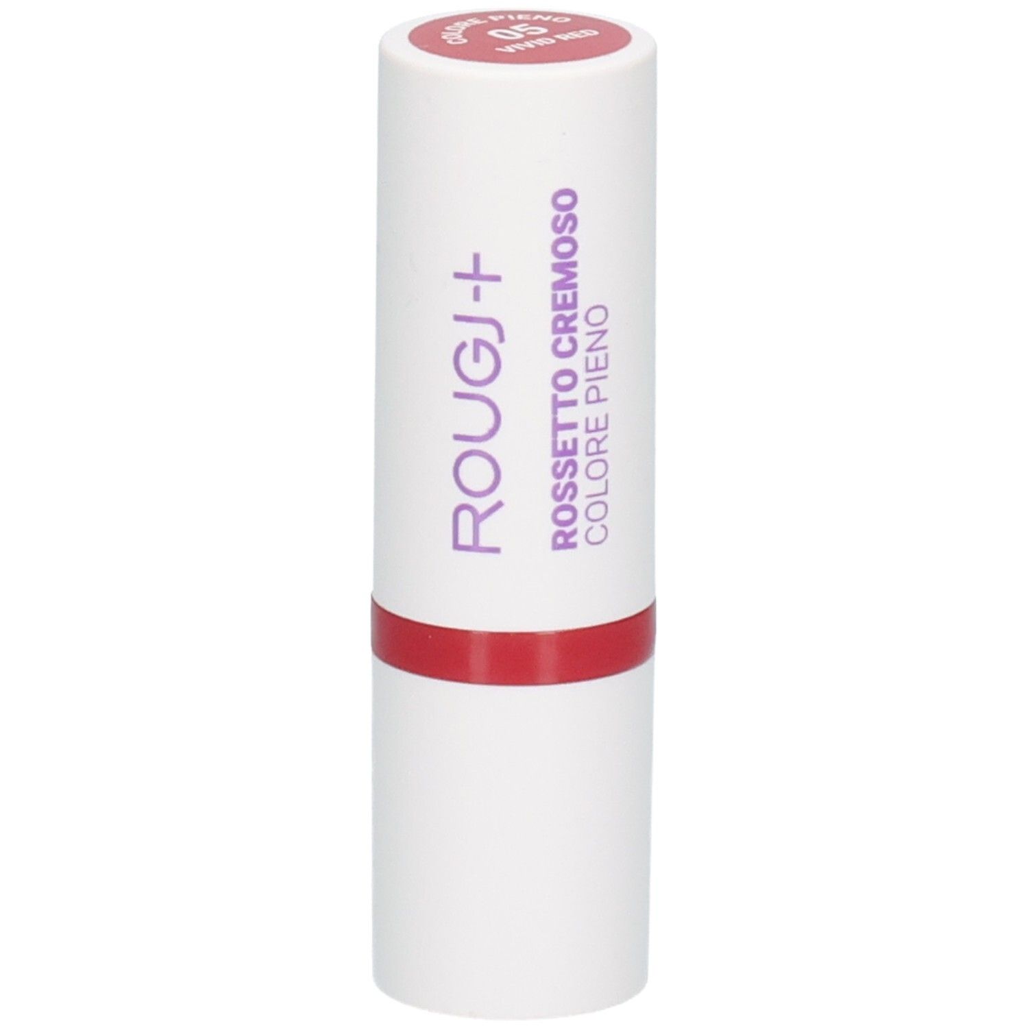 Rouge à lèvres ROUGJ+, teinte 05 Vivid Red, formule crémeuse.