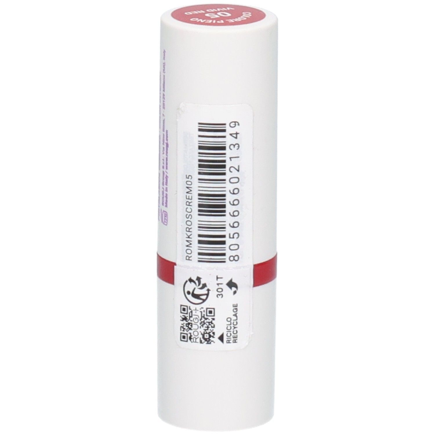 Rouge à lèvres ROUGJ+, teinte 05 Vivid Red, formule crémeuse, dos avec code-barres et QR code.