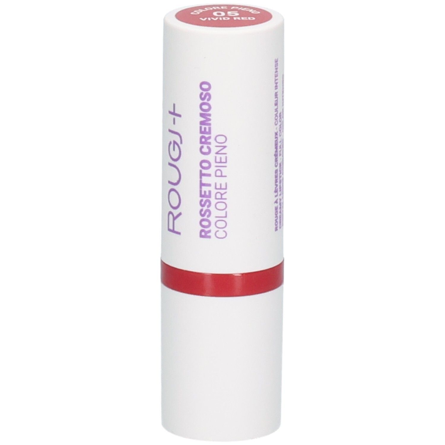 Rouge à lèvres ROUGJ+, teinte 05 Vivid Red, formule crémeuse, couleur intense.