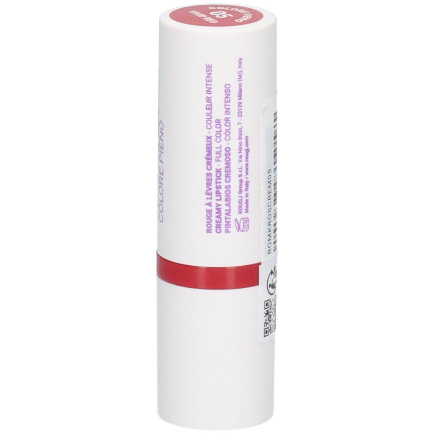 Rouge à lèvres ROUGJ+, teinte 05 Vivid Red, formule crémeuse, couleur intense, Made in Italy.