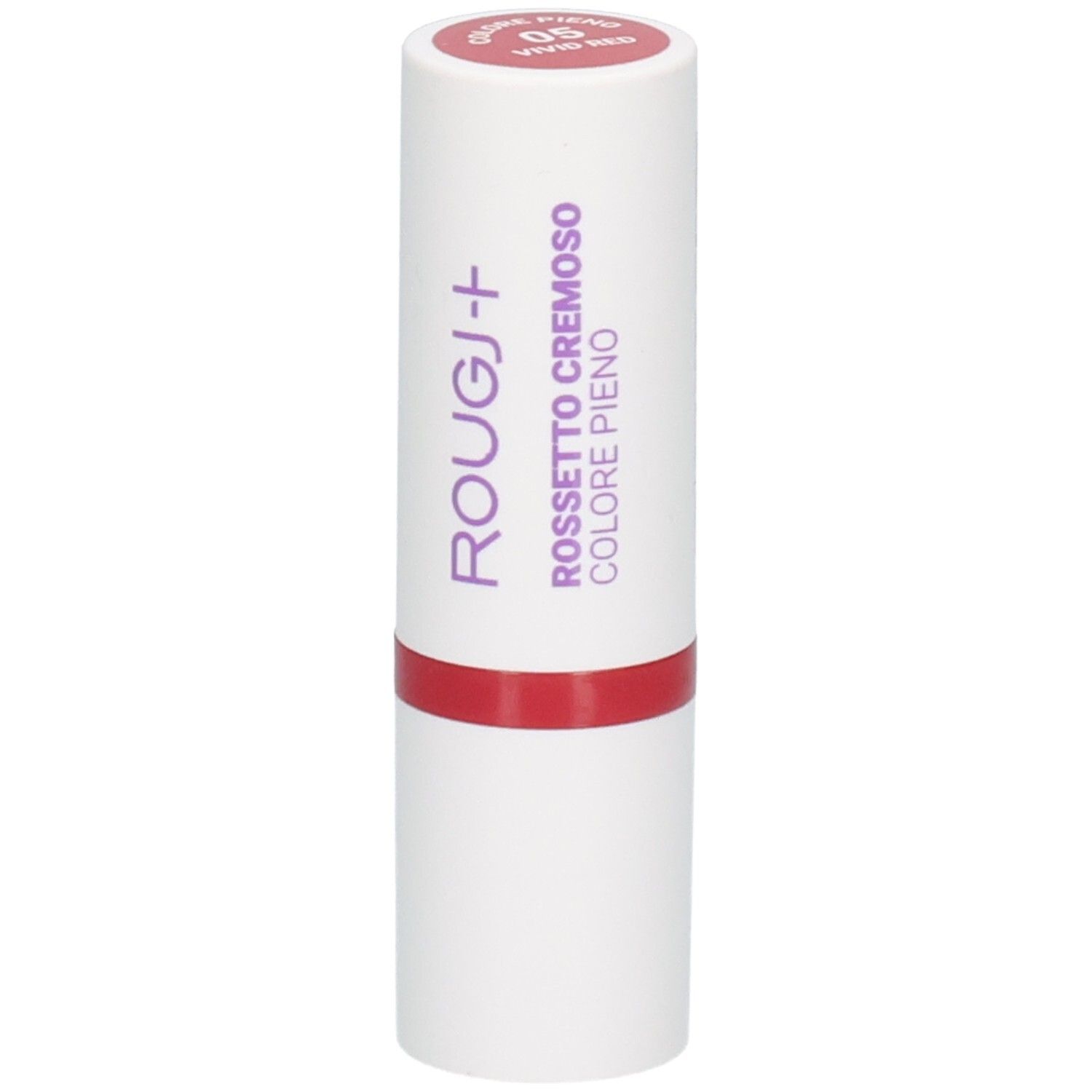 Rouge à lèvres ROUGJ+, teinte 05 Vivid Red, formule crémeuse, couleur intense.