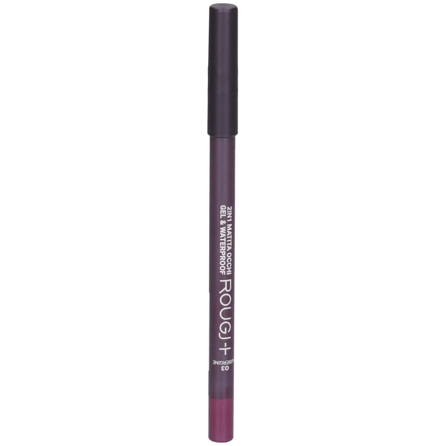 Crayon khôl violet avec capuchon noir. Inscription : ROUGJ+ 2IN1 MATITA OCCHI GEL & WATERPROOF.