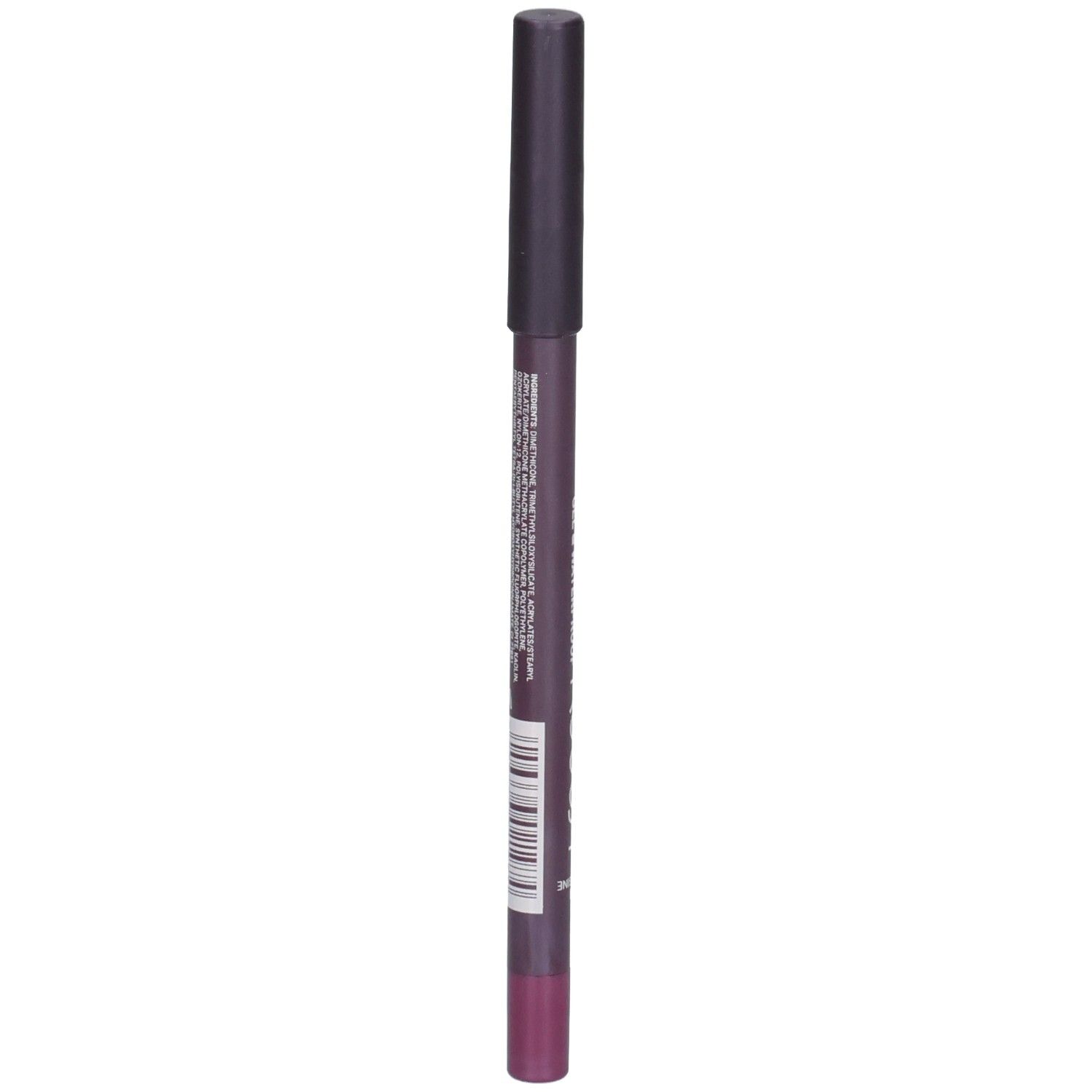 Crayon khôl violet avec capuchon foncé et inscription visible.