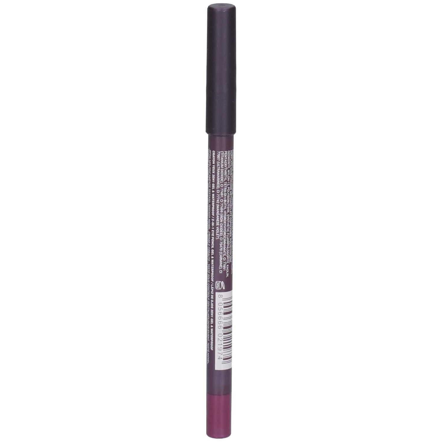 Crayon khôl pour les yeux violet avec capuchon foncé et inscriptions visibles.