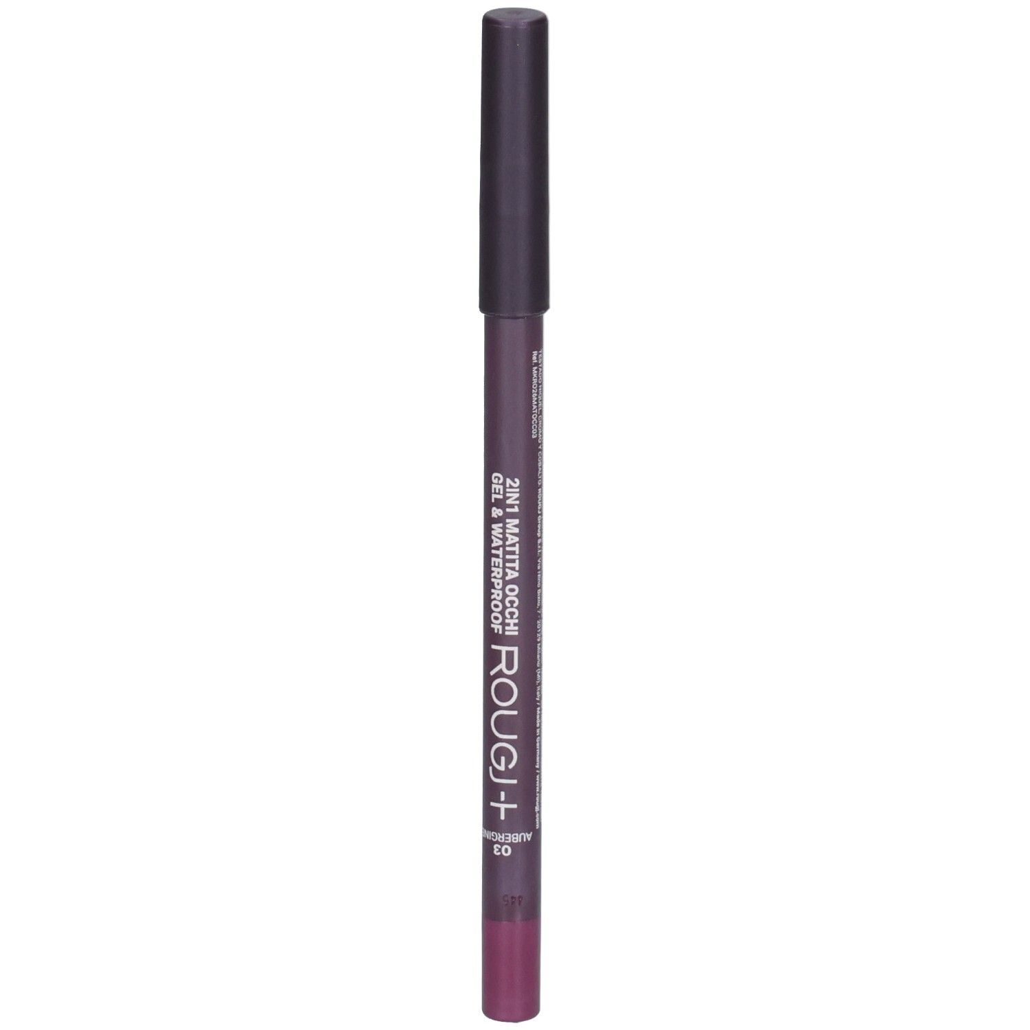 Crayon eye-liner violet avec capuchon noir. Texte : 2IN1 MATITA OCCHI GEL & WATERPROOF ROUGJ+ 03.