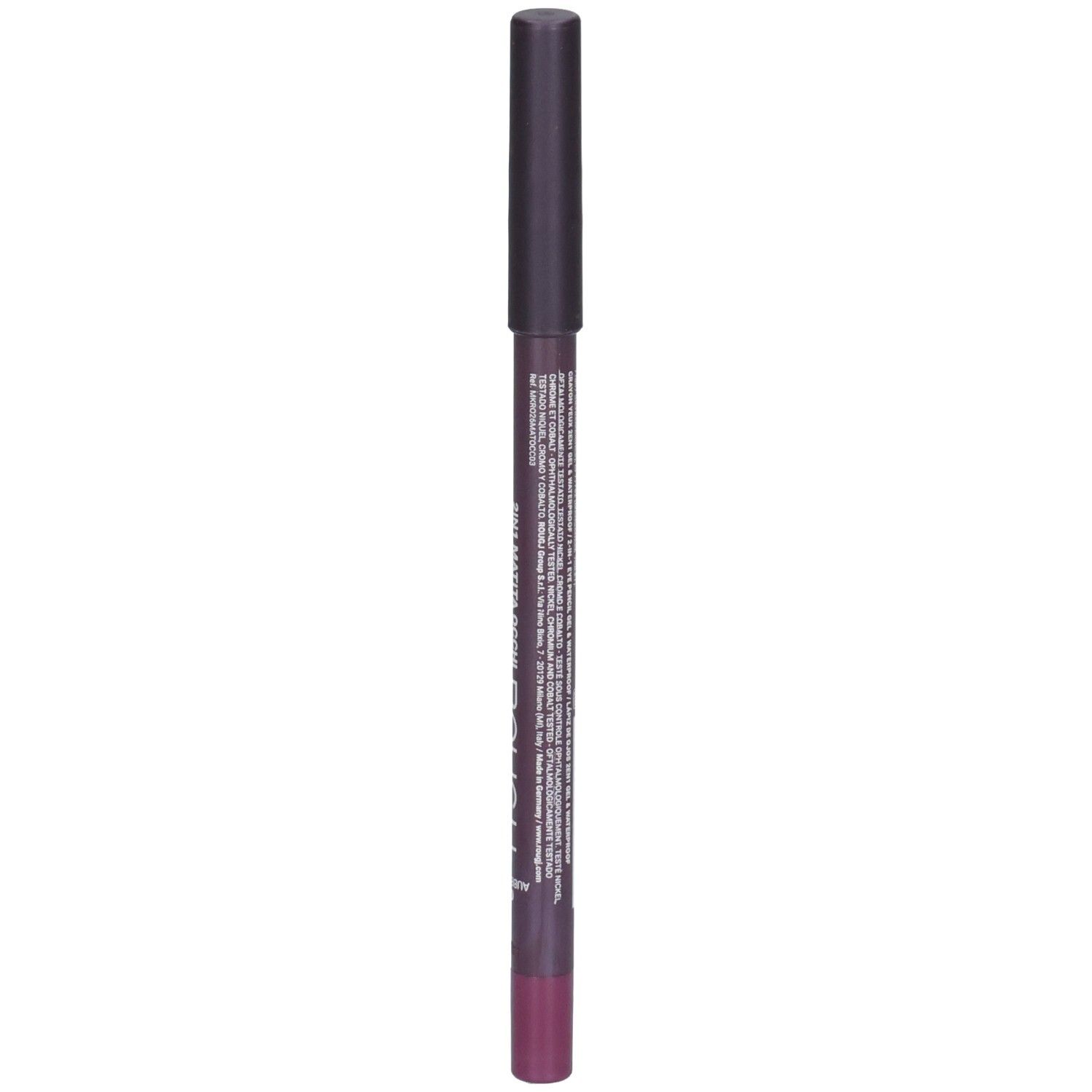 Crayon khôl violet avec capuchon noir et inscription détaillée.