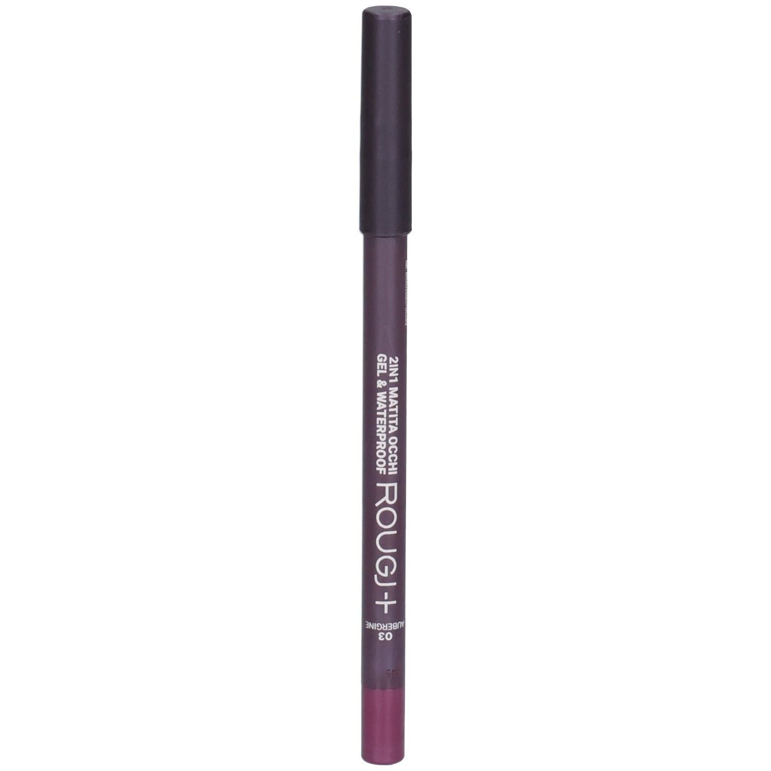 Crayon khôl violet avec capuchon noir. Inscription : ROUGJ+ 2IN1 MATITA OCCHI GEL & WATERPROOF.