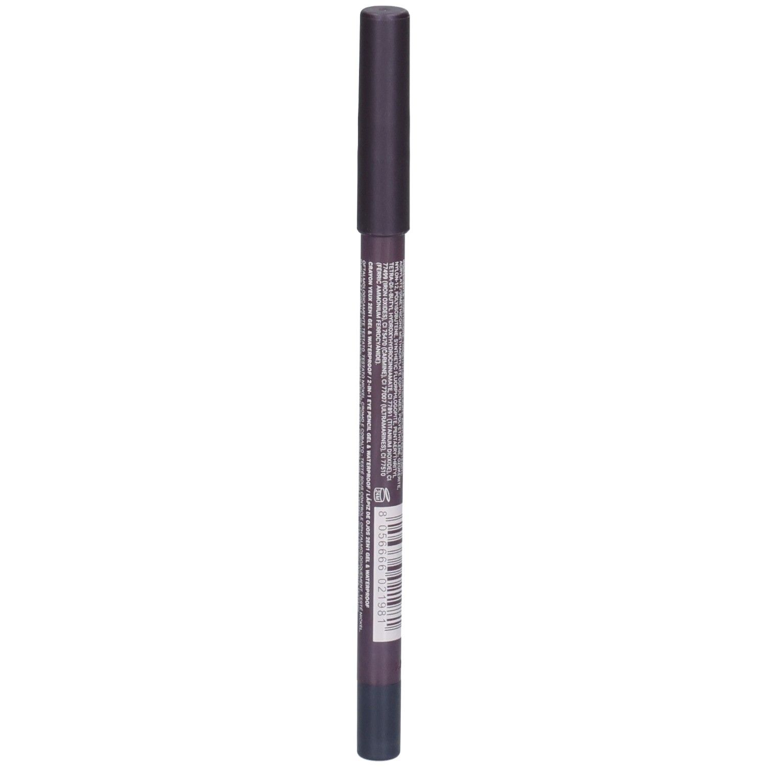 ROUGJ+ Crayon pour les yeux 2en1 Gel, mat et waterproof, verso avec code-barres et ingrédients.
