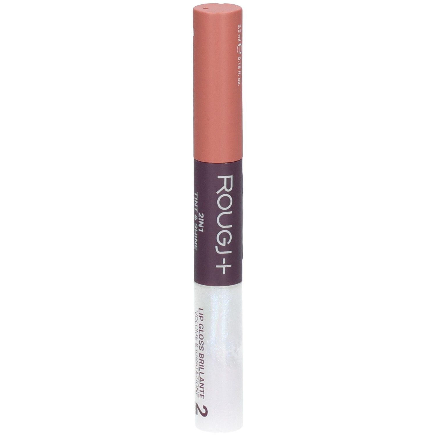 ROUGJ+ 2EN1 Tint&Shine Rouge à lèvres et gloss nude. Fini mat et fini brillant.