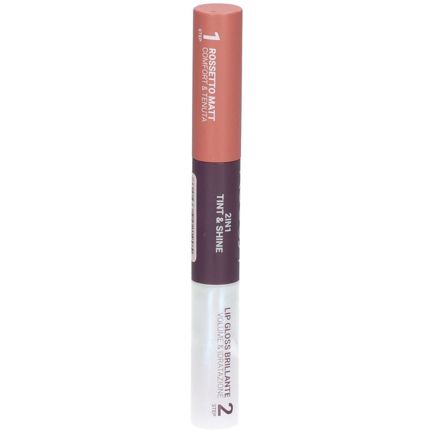 ROUGJ+ 2EN1 Tint&Shine: Étape 1 Rouge à lèvres mat, Étape 2 Gloss. Couleur nude.