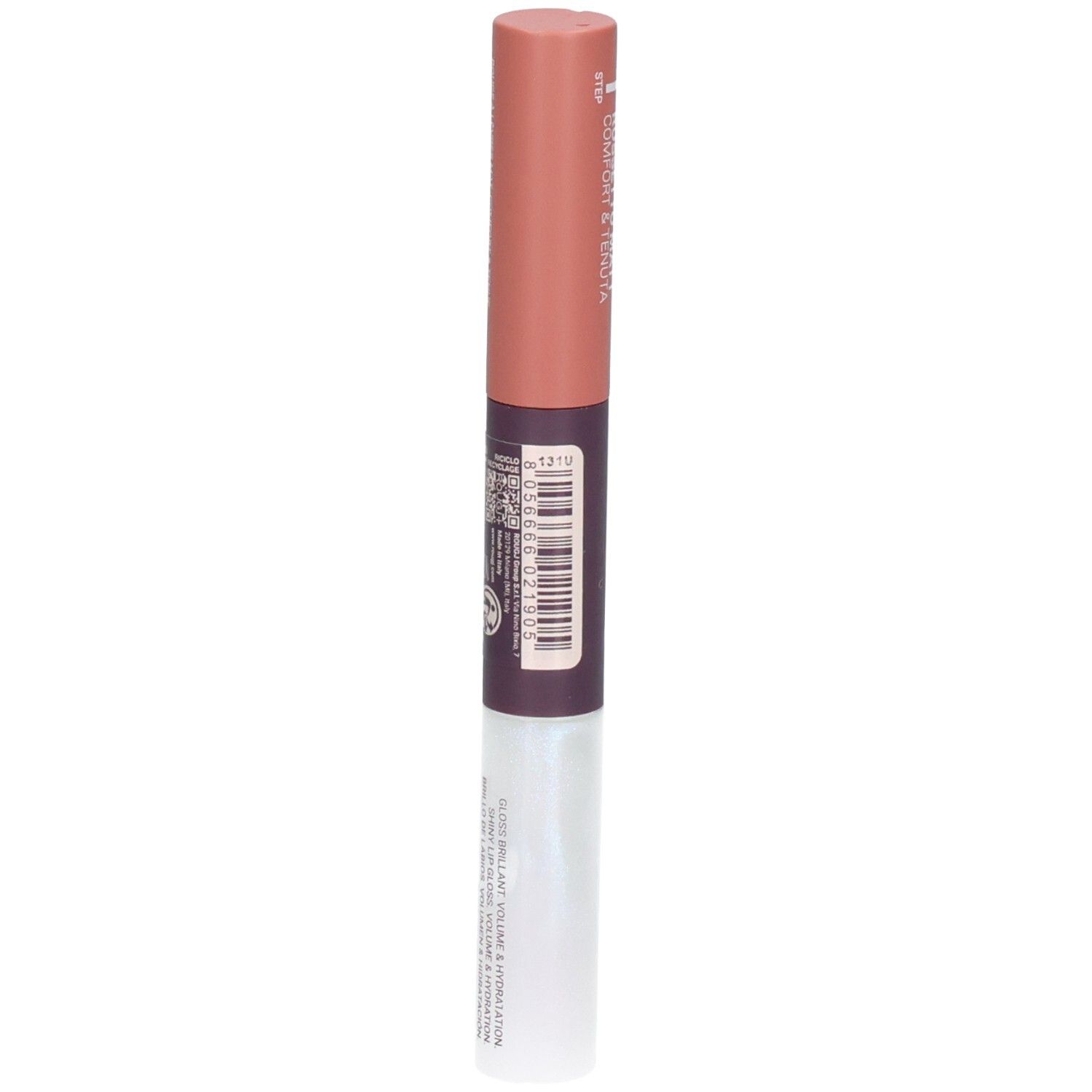 Dos ROUGJ+ 2EN1 Tint&Shine Rouge à lèvres et gloss. Nude. Code-barres et informations produit.