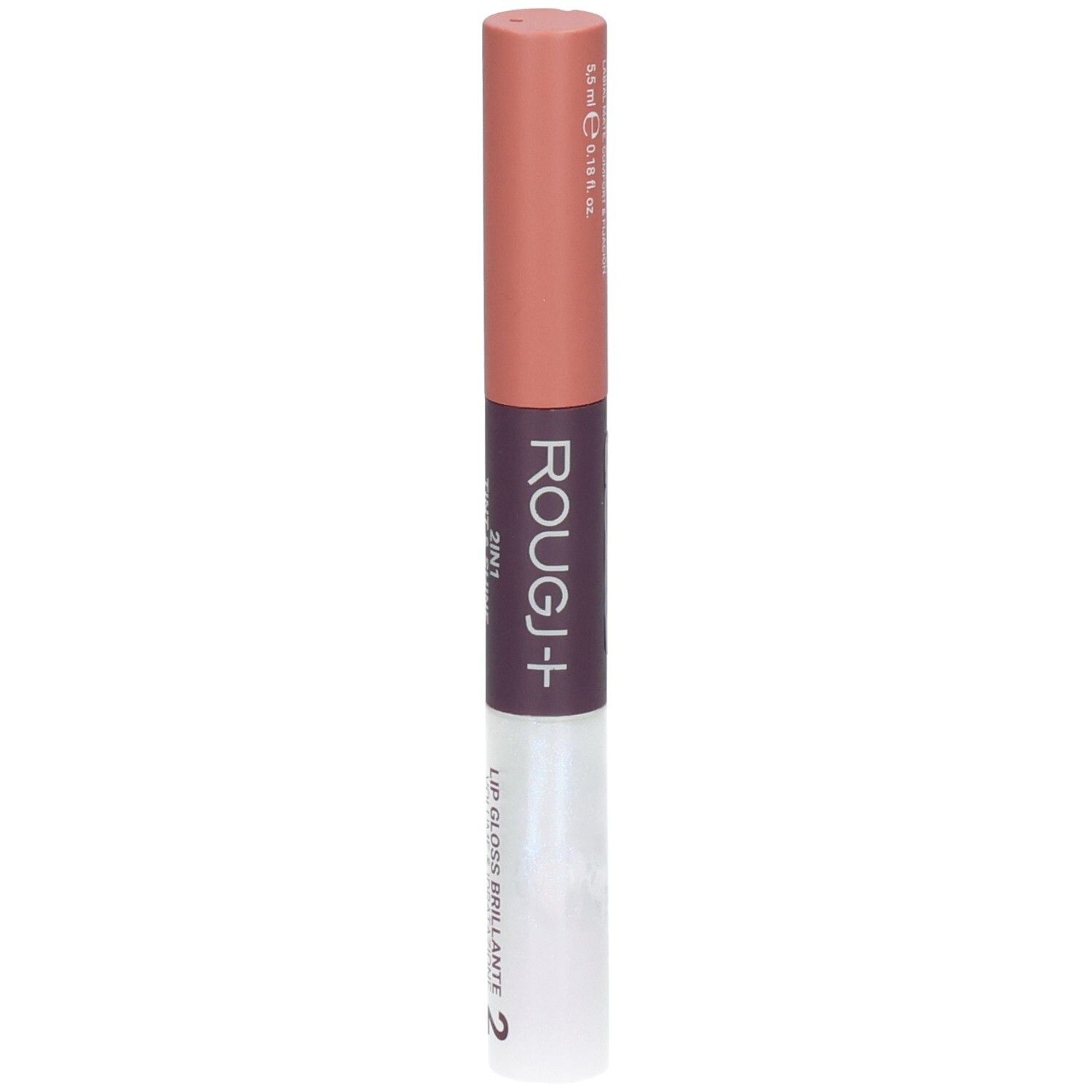 ROUGJ+ 2EN1 Tint&Shine Rouge à lèvres et gloss nude. Fini mat et brillant.